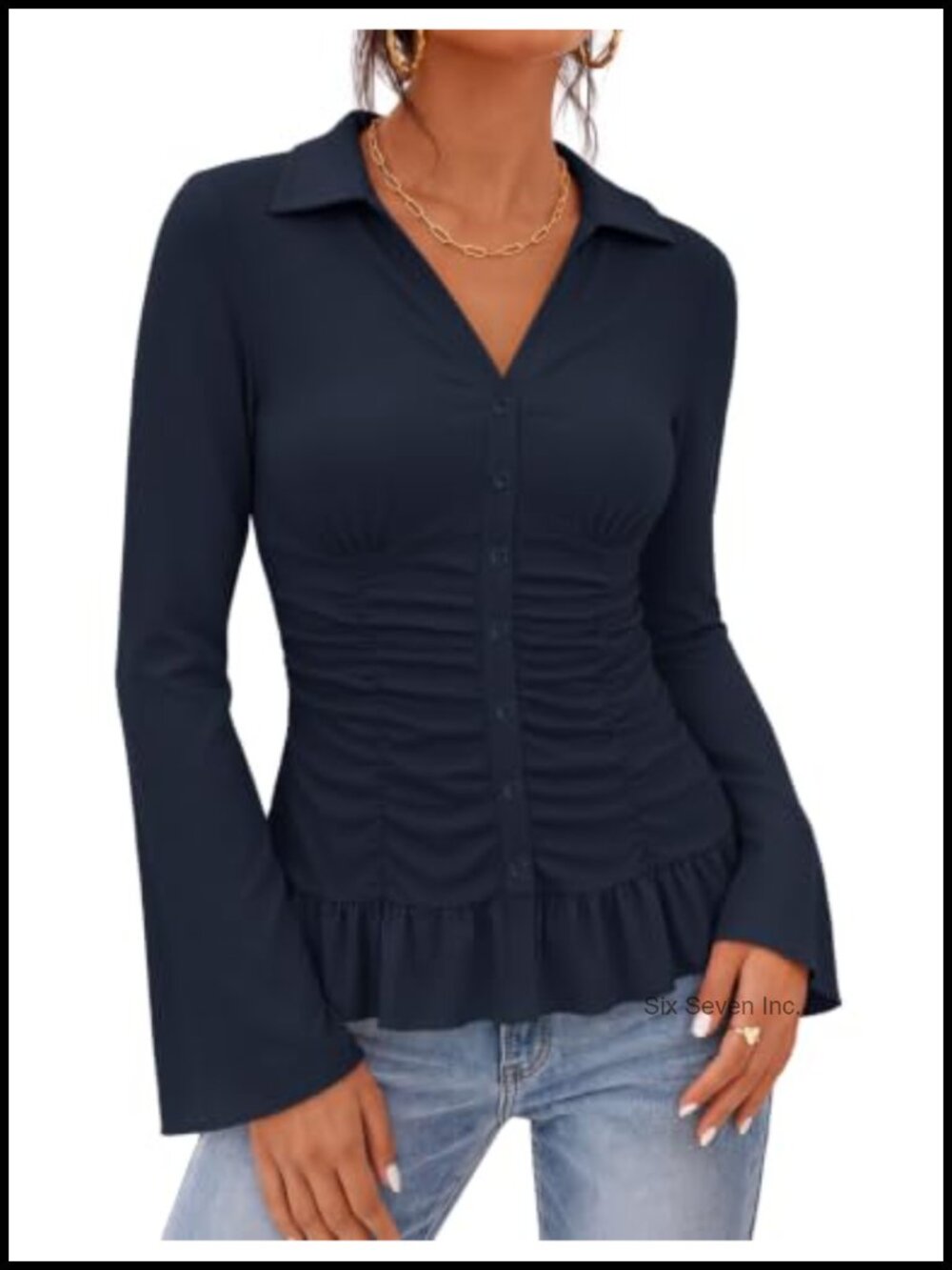 Long Sleeve Button Down Blouse V Neck Ruffle Hem Ruched Waist